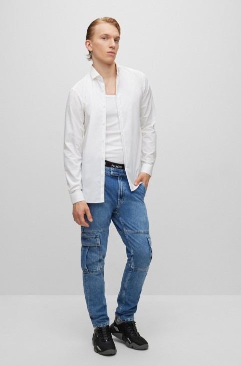 πουκάμισο με πολύ λεπτή εφαρμογή από βαμβακερή ποπλίνα με ανοιχτό γιακά λευκό Boss Hugo
