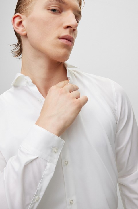 πουκάμισο με πολύ λεπτή εφαρμογή από βαμβακερή ποπλίνα με ανοιχτό γιακά λευκό Boss Hugo
