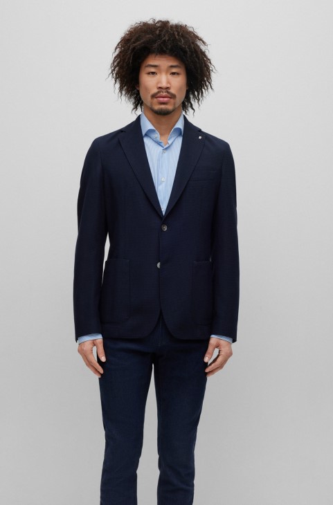 Σκούρο μπλε μπουφάν Hugo Boss με λεπτή εφαρμογή σε μείγμα μαλλί με μικρο-μοτίβο