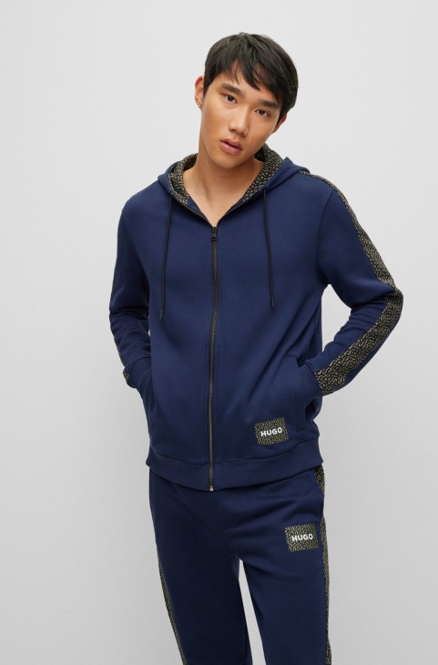 Φούτερ με φερμουάρ γαλλικού βαμβακιού με επαναλαμβανόμενα λογότυπα Hugo Boss σκούρο μπλε