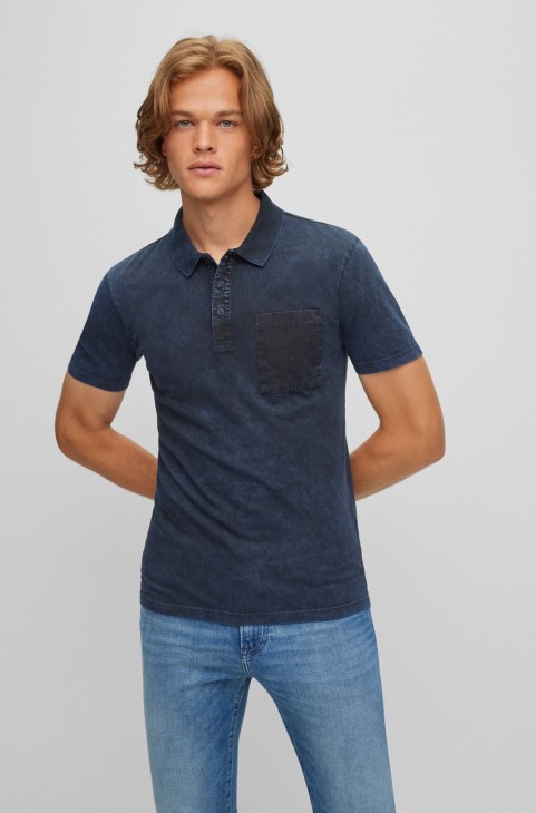 Μπλε σκούρο πέτρινο βαμβακερό μπλουζάκι πόλο με τσέπη στο στήθος Hugo Boss