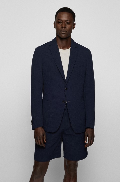 Slim-fit σακάκι σε Performance-stretch Seersucker Hugo Boss σκούρο μπλε