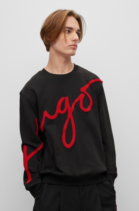 Μαύρο φούτερ κανονικής εφαρμογής από βαμβάκι με χειρόγραφο λογότυπο Hugo Boss