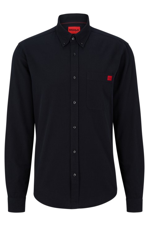 μαύρο Oxford-cotton πουκάμισο με λεπτή εφαρμογή με υφαντό λογότυπο ετικέτα Hugo Boss