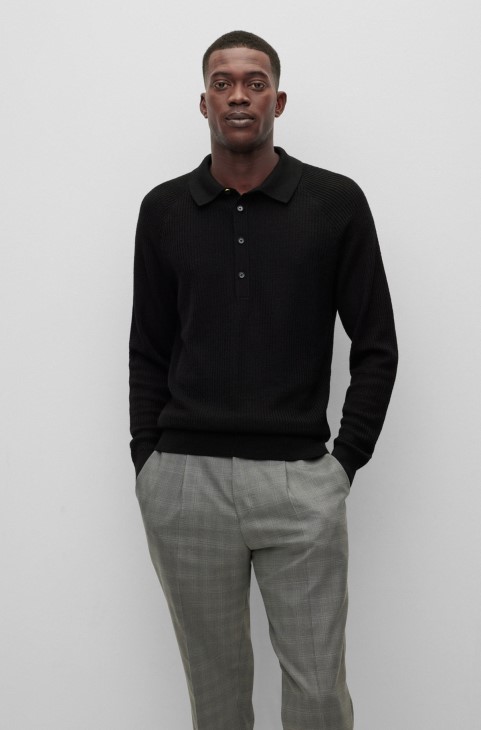 Πουλόβερ πόλο με ραβδώσεις Hugo Boss σε Slim Fit μαύρο