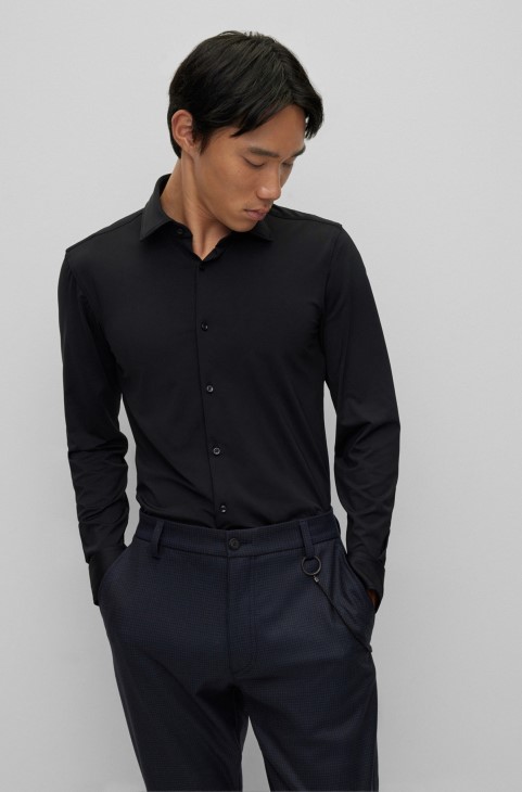 Slim-fit πουκάμισο σε Performance-stretch Jersey Hugo Boss μαύρο