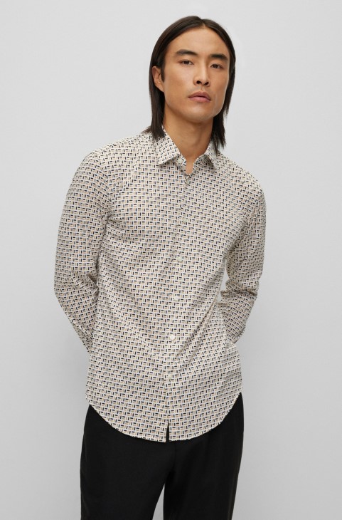 Πουκάμισο Hugo Boss Slim-fit σε εμπριμέ ύφασμα Flex-weave μπεζ