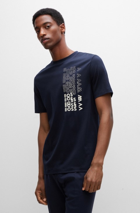 μπλε σκούρο μπλουζάκι με στάμπα με λογότυπο σε βαμβακερό Jersey Hugo Boss