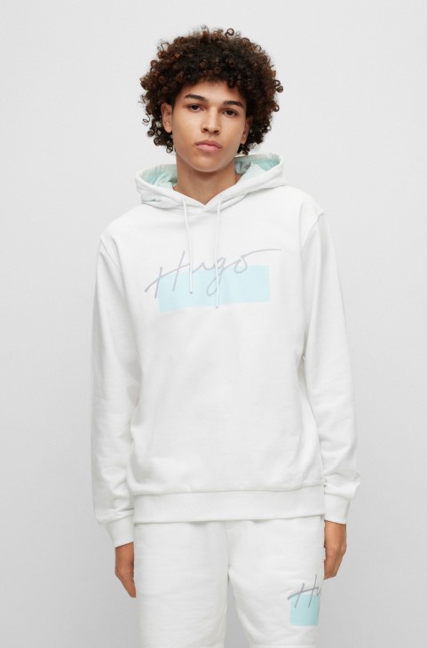 λευκό φούτερ με κουκούλα γαλλικού τύπου με χειρόγραφο λογότυπο Hugo Boss