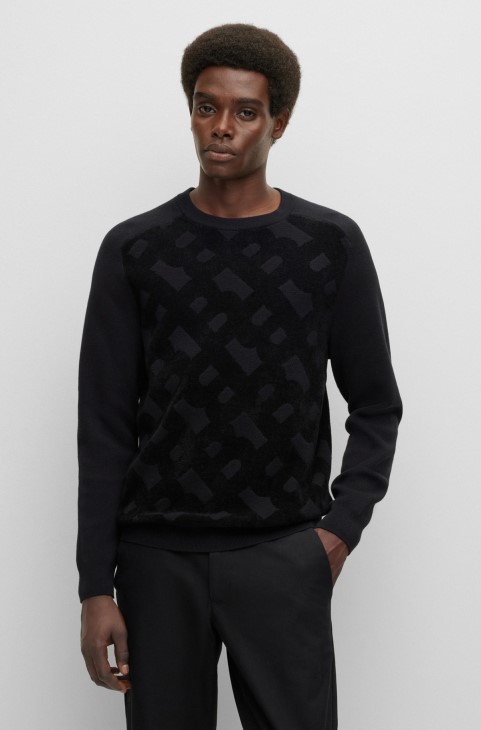 Hugo Boss μαύρο πουλόβερ κανονικής εφαρμογής με μονόγραμμα ζακάρ μοτίβο