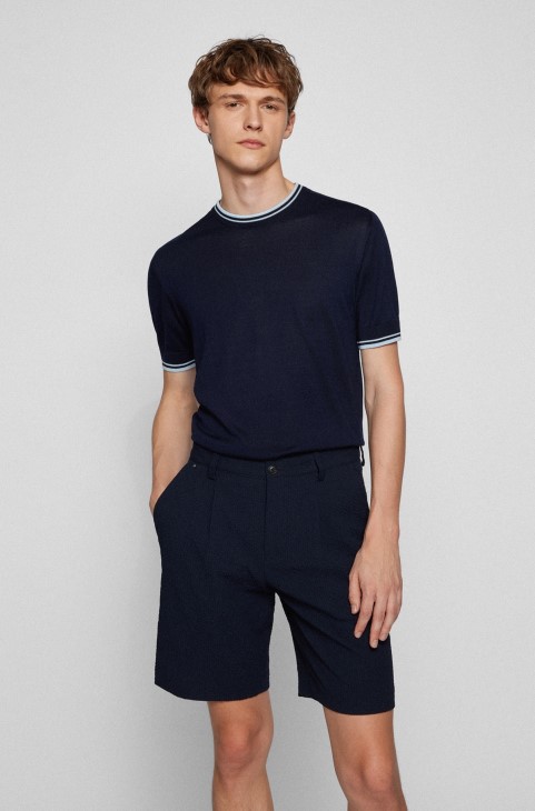 βαμβακερό μερσεριζέ πουλόβερ κανονικής εφαρμογής με ριγέ τελειώματα σκούρο μπλε Hugo Boss