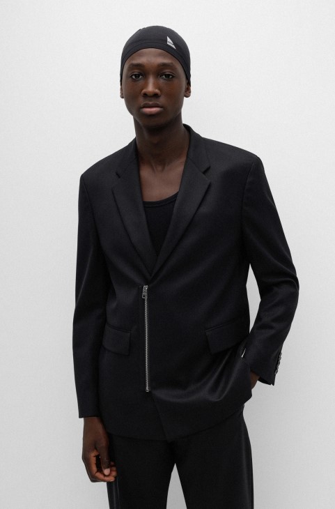 σακάκι χαλαρής εφαρμογής από ελαστικό ύφασμα με μαύρο Hugo Boss που κλείνει με φερμουάρ
