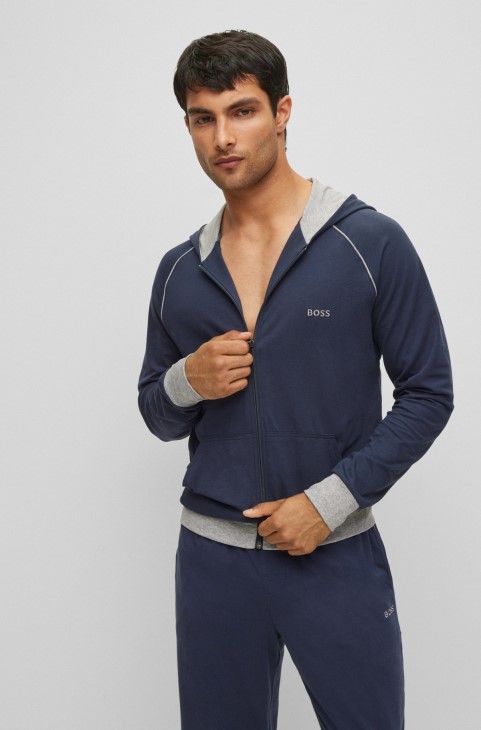 Σκούρο μπλε Hugo Boss σακάκι με κουκούλα από βαμβάκι με κουκούλα με σωληνώσεις και λογότυπο