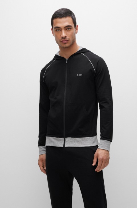 Hugo Boss μαύρο ελαστικό βαμβακερό μπουφάν με κουκούλα με σωληνώσεις και λογότυπο