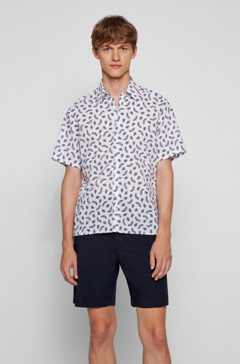 πουκάμισο με κανονική εφαρμογή σε εμπριμέ βαμβακερή μουσελίνα σκούρο μπλε Hugo Boss