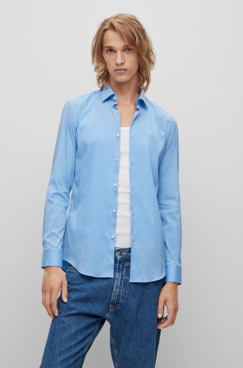μπλε πουκάμισο Hugo Boss Slim-fit από βαμβακερή ποπλίνα