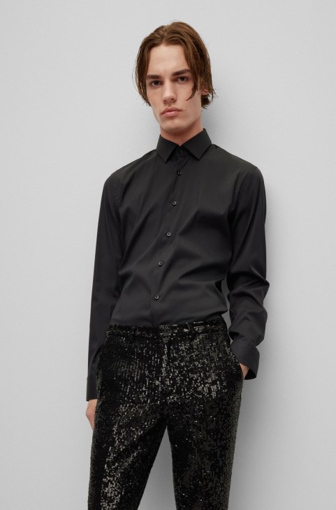 Slim-fit πουκάμισο σε βαμβακερή ποπλίνα μαύρο Hugo Boss