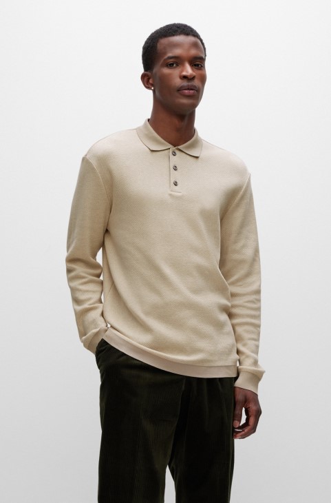 μακρυμάνικο μπλουζάκι πόλο σε βαμβακερό και κασμίρ Hugo Boss ανοιχτό μπεζ
