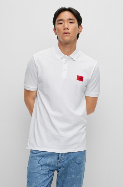 λευκό βαμβακερό-piqué Slim-fit μπλουζάκι πόλο με κόκκινο λογότυπο ετικέτα Hugo Boss