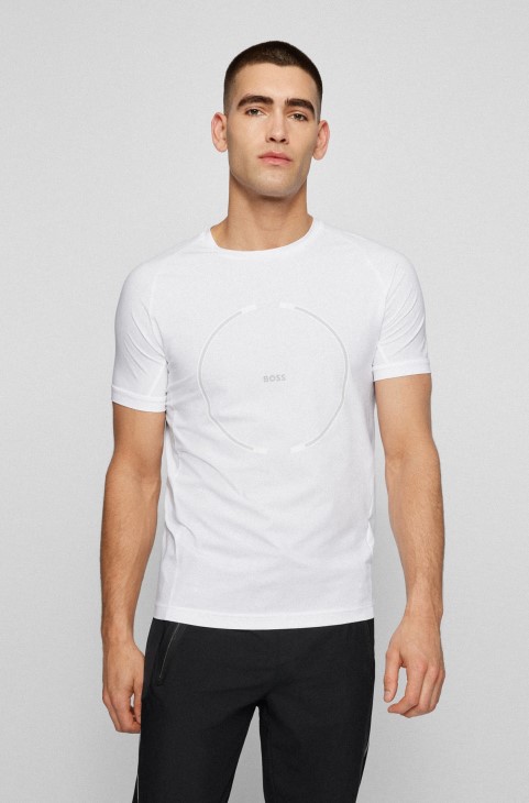 Slim-fit T-shirt από ελαστικό βαμβάκι με λογότυπο, λευκό Hugo Boss
