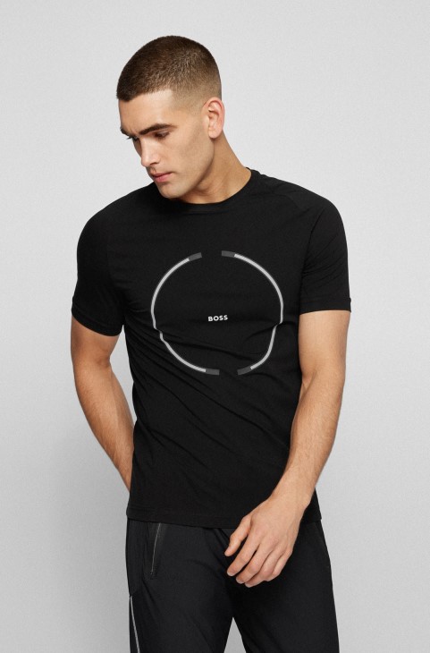 Μαύρο Slim-fit T-shirt από ελαστικό βαμβάκι με λογότυπο Artwork Hugo Boss