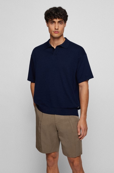 σκούρο μπλε Hugo Boss Mercerized-βαμβακερό πουλόβερ χαλαρής εφαρμογής με γιακά Johnny