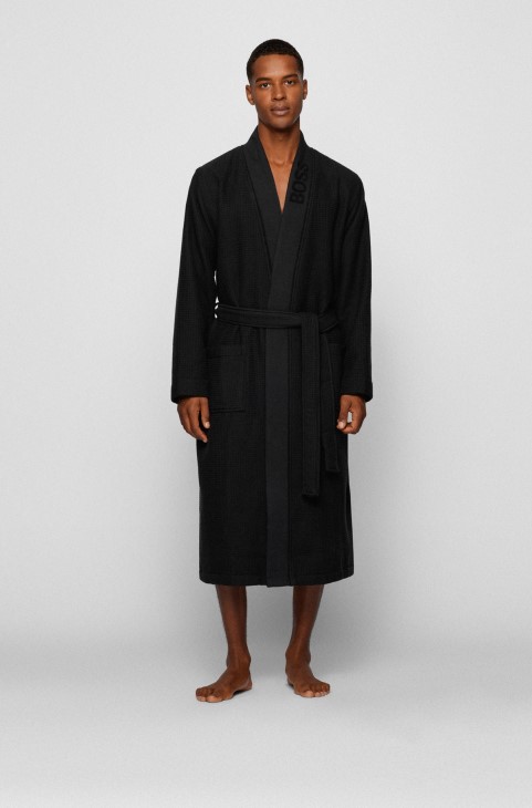 μαύρη ρόμπα με λογότυπο ζακάρ σε βάφλα πικέ Hugo Boss
