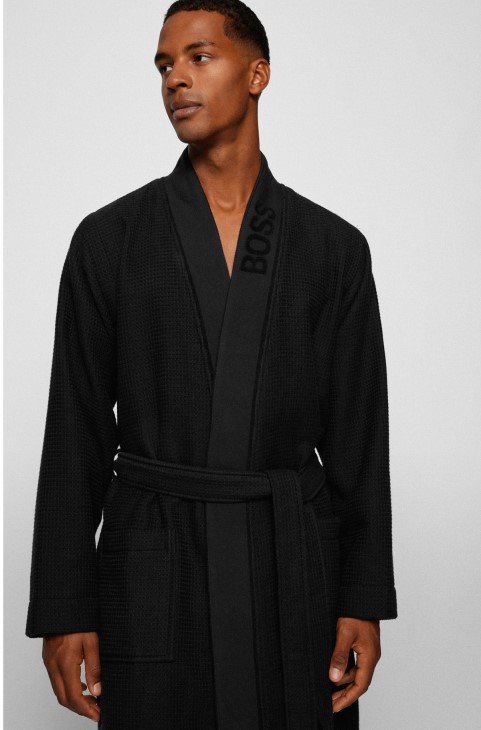 μαύρη ρόμπα με λογότυπο ζακάρ σε βάφλα πικέ Hugo Boss
