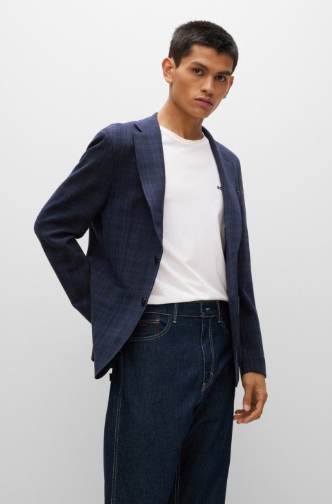Slim-fit σακάκι σε καρό μείγμα από παρθένο μαλλί Hugo Boss σκούρο μπλε