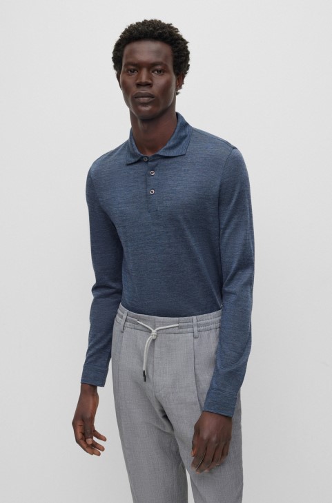 Hugo Boss μεταξωτό-μάλλινο Polo μπλουζάκι σε κανονική εφαρμογή σκούρο μπλε