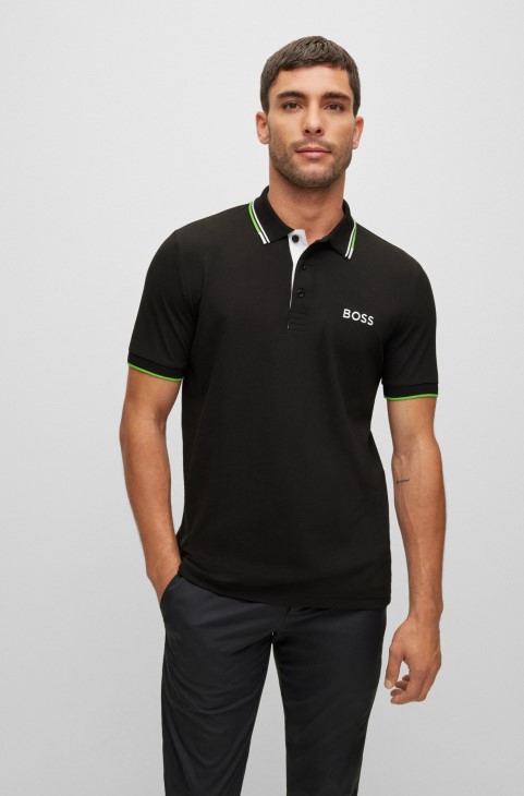 Πόλο μπλουζάκι από βαμβακερό μείγμα με λογότυπα σε αντίθεση μαύρο Hugo Boss