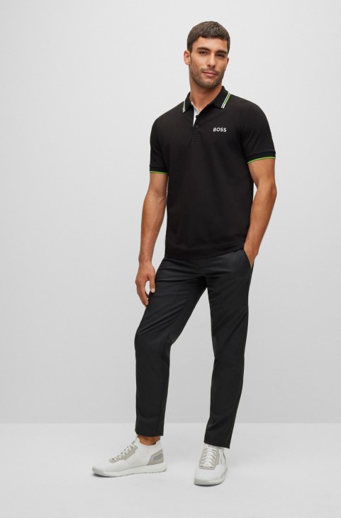 Πόλο μπλουζάκι από βαμβακερό μείγμα με λογότυπα σε αντίθεση μαύρο Hugo Boss
