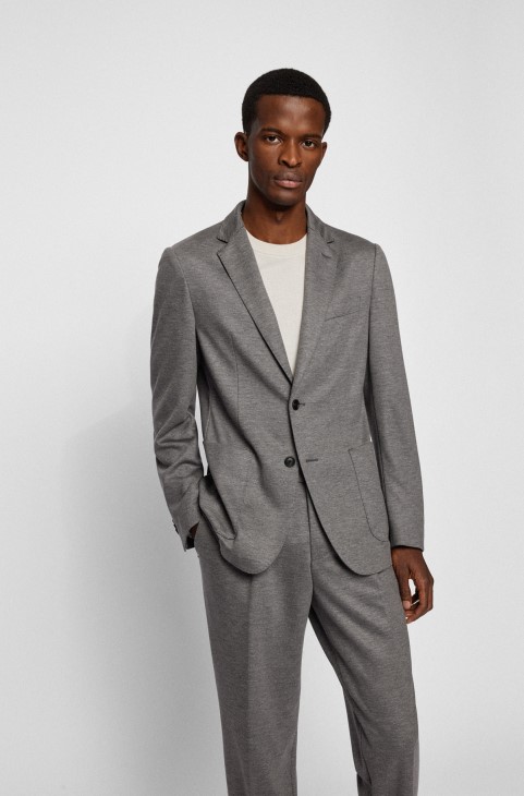 Σκούρο γκρι κοστούμι Hugo Boss Slim-fit σε μελανζέ ύφασμα απόδοσης-stretch
