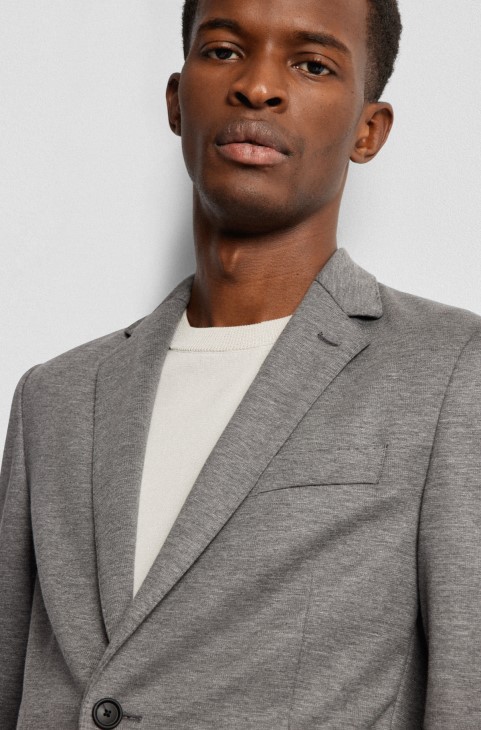 Σκούρο γκρι κοστούμι Hugo Boss Slim-fit σε μελανζέ ύφασμα απόδοσης-stretch
