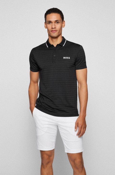 μαύρο πλεκτό μπλουζάκι πόλο με λεπτή εφαρμογή με μαρκάρισμα Hugo Boss