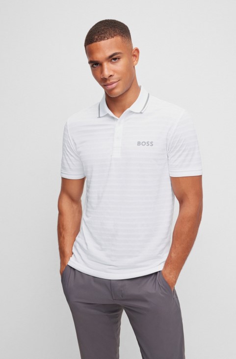 Πόλο μπλουζάκι πόλο άσπρο πλεκτό με ρίγες, με μαρκάρισμα αντίθεσης