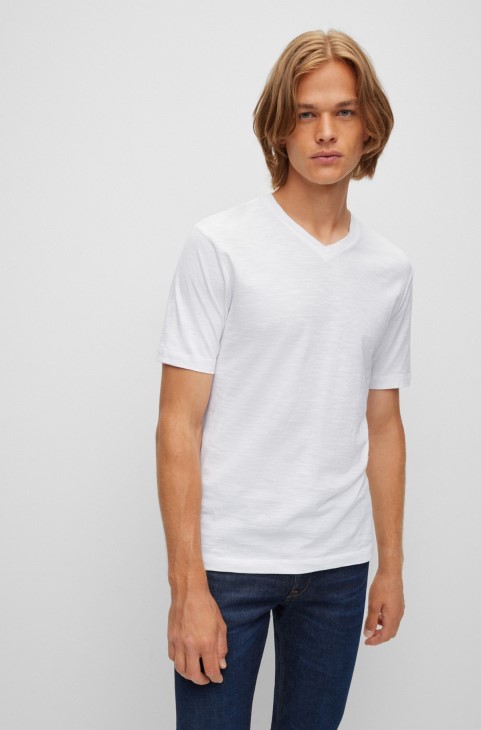 Τ-shirt Hugo Boss λευκό μερσεριζέ-βαμβακερό κανονικό μπλουζάκι με λαιμόκοψη V