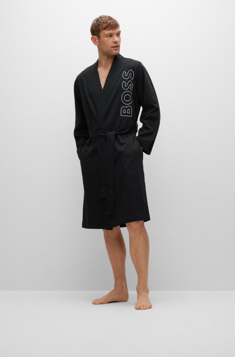 Hugo Boss μαύρη βαμβακερή τζέρσεϊ ρόμπα με περίγραμμα λογότυπο
