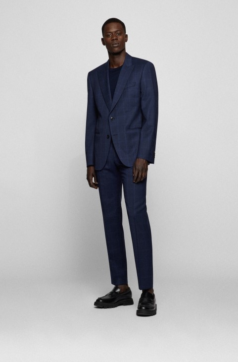 Κοστούμι με λεπτή εφαρμογή σε καρό ελαστικό παρθένο μαλλί Serge Hugo Boss σκούρο μπλε