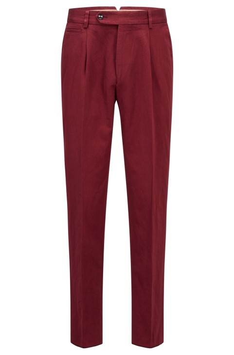 παντελόνι με χαλαρή εφαρμογή σε πλυμένο μείγμα από βαμβάκι-λινό σκούρο κόκκινο Hugo Boss
