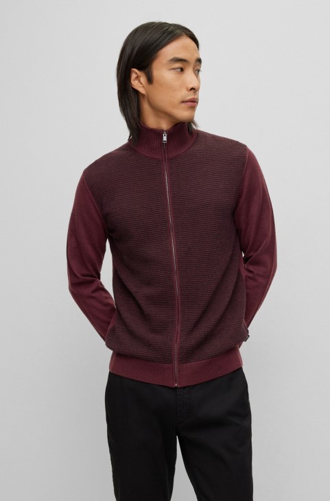 Πλεκτή ζακέτα Hugo Boss με φερμουάρ σε παρθένο μαλλί σκούρο κόκκινο