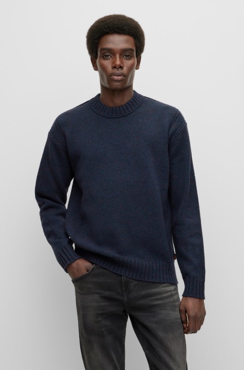 μάλλινο πουλόβερ χαλαρής εφαρμογής με κεντημένο λογότυπο Hugo Boss σκούρο μπλε