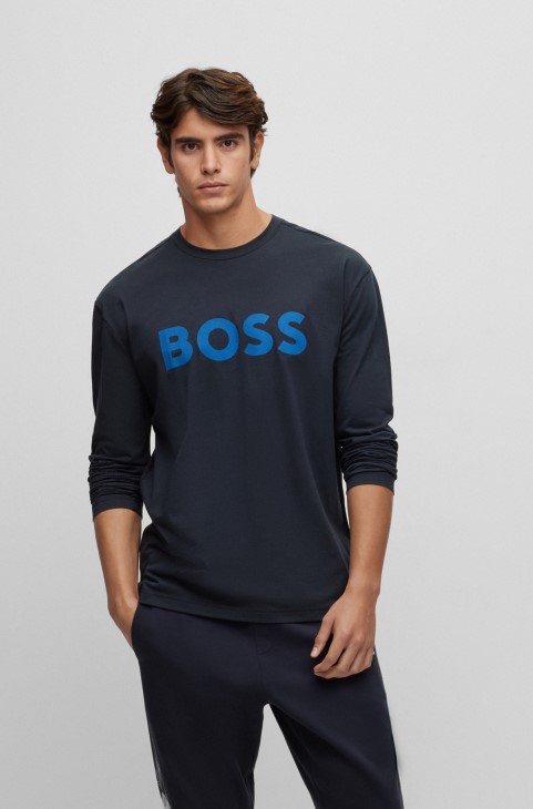 Hugo Boss μακρυμάνικο μπλουζάκι από βαμβακερό ζέρσεϊ με στάμπα λογότυπου σκούρο μπλε
