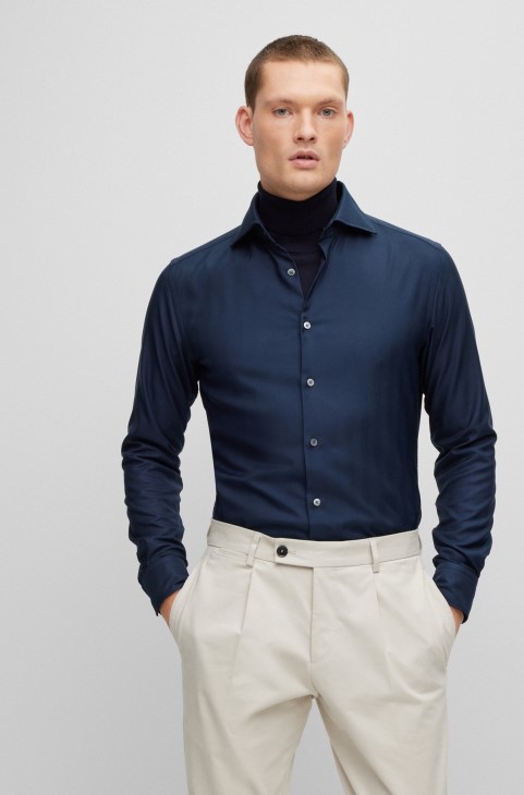 Μπλε σκούρο Slim-fit πουκάμισο σε Performance-stretch ψαροκόκαλο Twill Hugo Boss