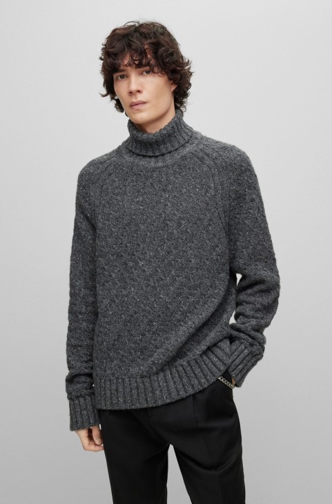 Μαλλί Hugo Boss Rollneck πουλόβερ με λογότυπο σκούρο γκρι