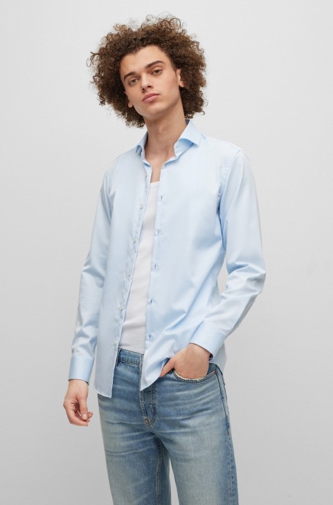 Slim-fit πουκάμισο από βαμβακερό σιδερένιο Twill γαλάζιο Hugo Boss