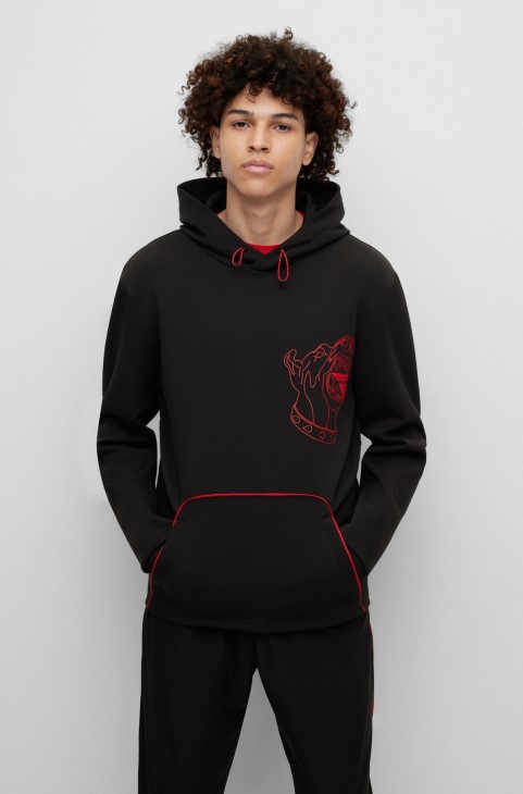 Hugo Boss μαύρο Hoodie από βαμβακερό μείγμα με στάμπα σκύλου και λογότυπο κάψουλας