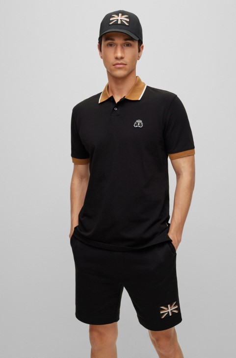 Πόλο μπλουζάκι από οργανικό βαμβάκι με μπάλωμα ταξί μαύρο Hugo Boss