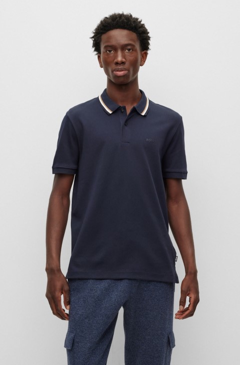 Slim-fit μπλουζάκι πόλο από βαμβάκι με ριγέ γιακά Hugo Boss σκούρο μπλε