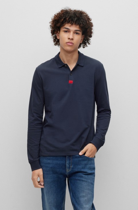 σκούρο μπλε μπλουζάκι πόλο Boss βαμβακερό-πικέ με λεπτή εφαρμογή με ετικέτα με λογότυπο